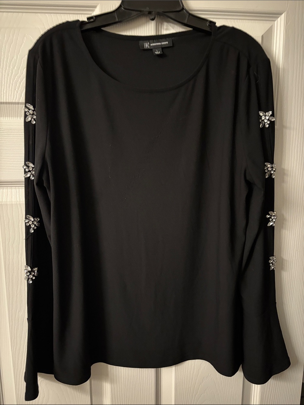 INC International Concepts Black Long-Sleeve Blouse with Jewel Sleeve Accents